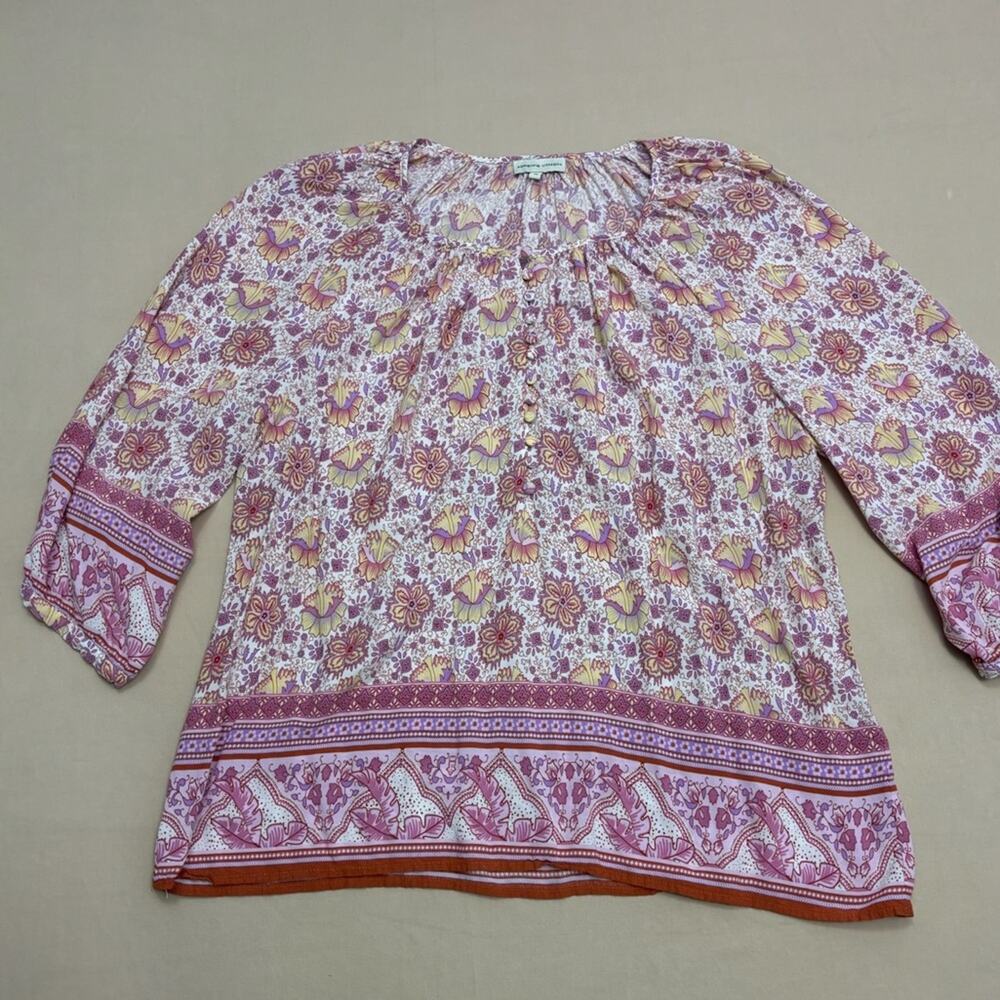 Adrienne Vittadini Women’s Pink and Cream Floral Print Peasant Blouse Size 1X